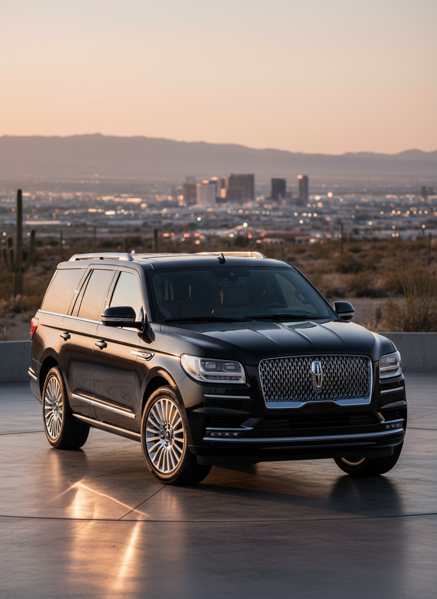 A close-up, three-quarter front view of a flagship Lincoln SUV in obsidian black metallic, parked on a smooth, dark concrete pad overlooking a distant Las Vegas valley and low desert mountains. The camera captures the sculpted hood, distinctive grille pattern, LED headlights, and polished multi-spoke wheels in sharp detail. Warm, late-afternoon desert sunlight creates clean highlights along the body lines and soft, elongated shadows on the ground. The background is softly blurred with hints of desert vegetation and a subtle city skyline glow, creating a sophisticated, aspirational mood. Photographic realism, low-angle composition emphasizing presence and luxury, perfect for a blog post about new Lincoln model features and design.