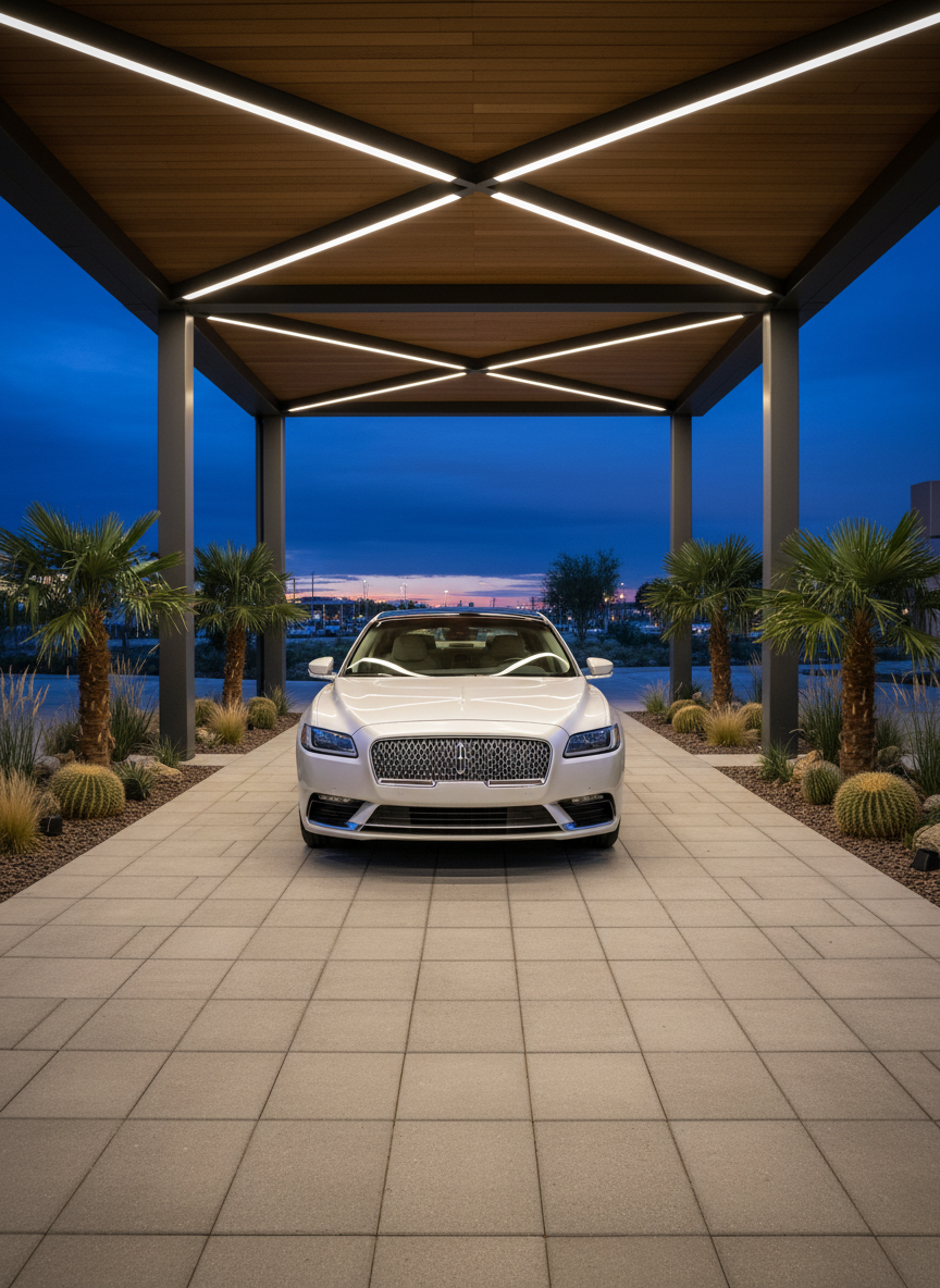 An elegant Lincoln sedan in pearl white parked beneath a minimalist, covered delivery area at a modern Las Vegas dealership, representing a premium handover experience without showing any people. The vehicle is centered, its paint exhibiting a soft gloss with subtle reflections of the architectural beams above. Clean, light-colored pavers and neatly arranged desert-friendly landscaping with small palms and succulents surround the scene. Soft, warm ambient lighting from recessed fixtures creates a calm, upscale atmosphere against the twilight desert sky. Photographic realism, eye-level composition with moderate depth of field, projecting professionalism, care, and attention to detail for a blog article about the dealership’s customer experience and delivery process.