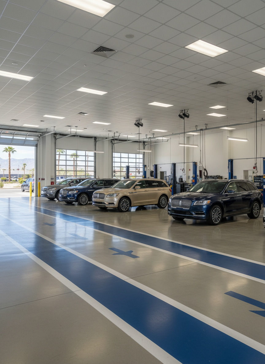 A bright, airy Lincoln service drive at a Las Vegas dealership, captured without any technicians or customers, focusing instead on spotless organization and high-end vehicles. Several Lincoln SUVs and sedans in various metallic shades are neatly aligned along clearly marked service lanes on polished concrete. Large, open service bay doors reveal clean, uncluttered workspaces with modern equipment and overhead lighting. Natural desert daylight pours in from the open front, blending with cool, even artificial light for a balanced tone. Photographic realism from a wide, eye-level perspective, showcasing trust, transparency, and professionalism for a blog post about maintenance, service specials, and certified Lincoln care.
