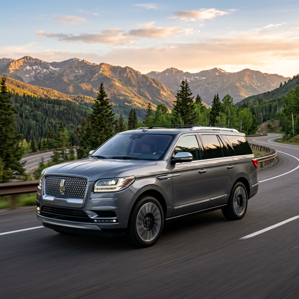 Gray luxury SUV driving on curvy mountain roadway surrounded by trees and mountains