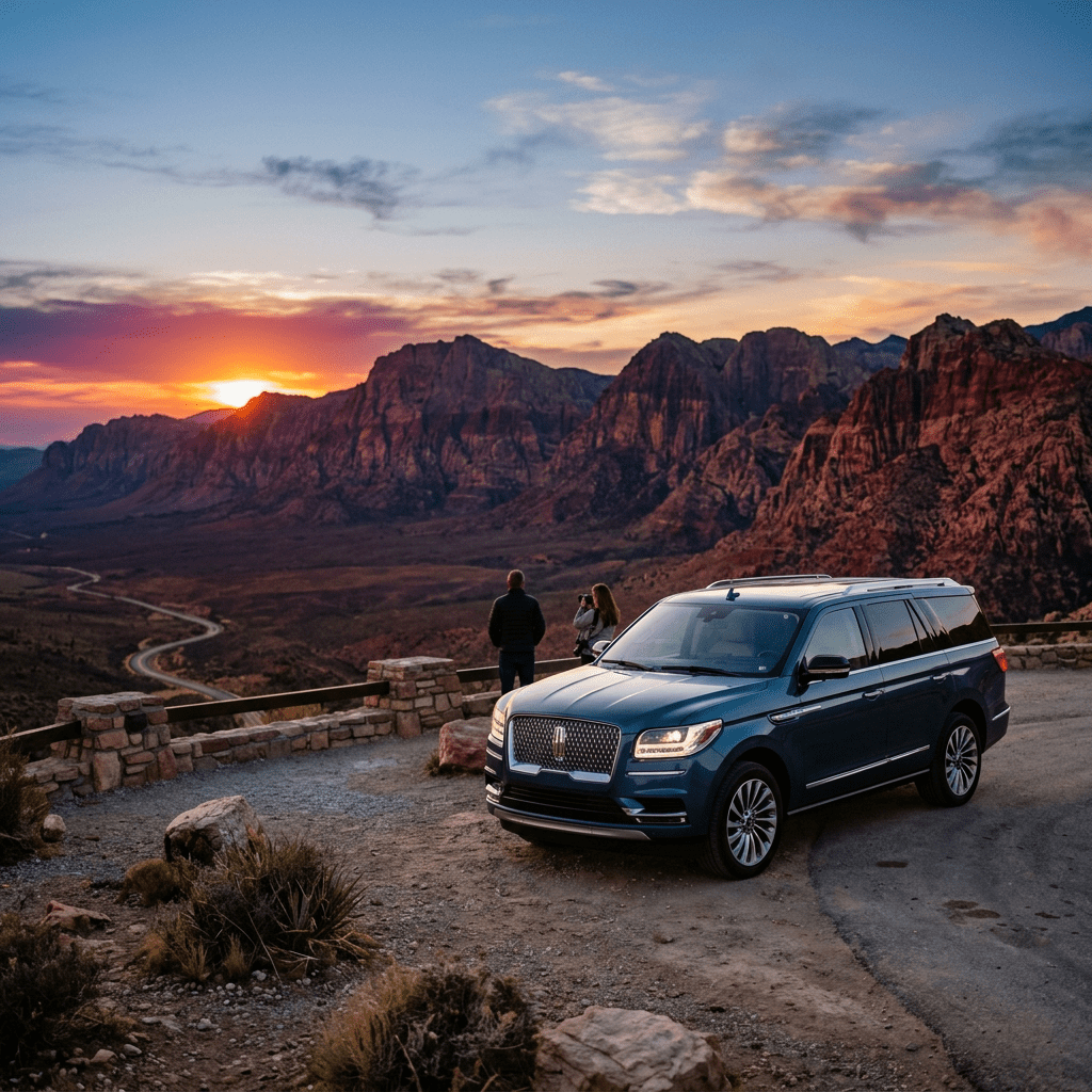Luxury SUV parked at a mountain overlook with two people viewing sunset.
