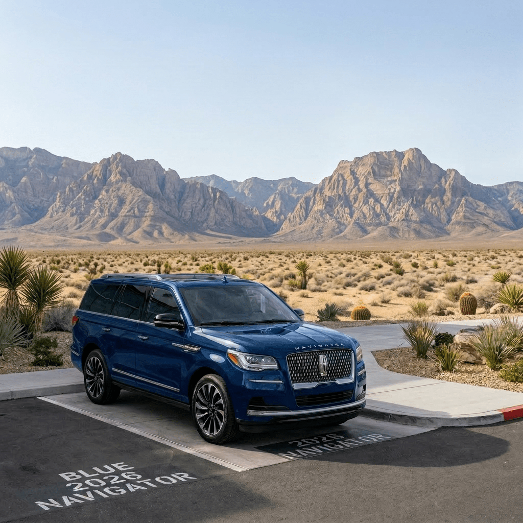 Black 2026 Lincoln Navigator SUV parked in designated spot at Lincoln Las Vegas dealership