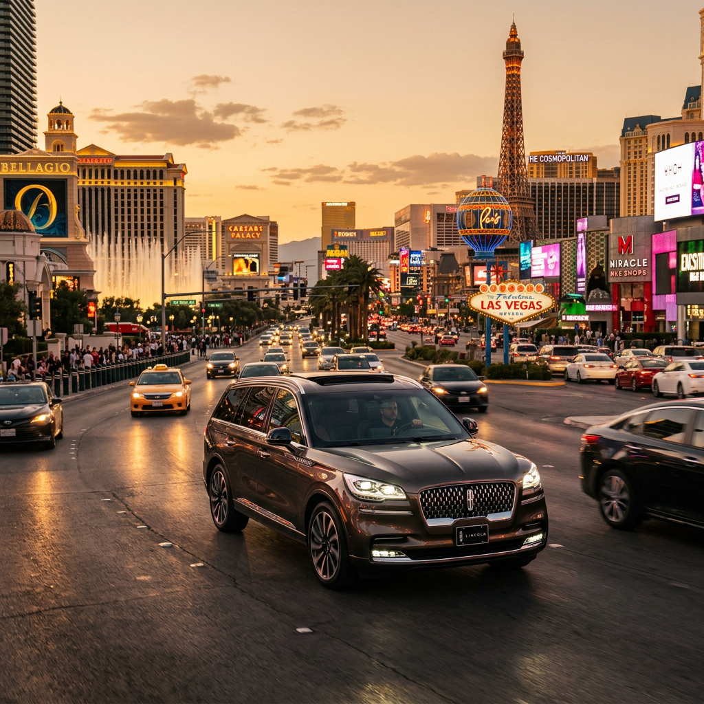A brown Lincoln SUV driving on the Las Vegas Strip with illuminated casino signs and the Eiffel Tower replica in the background at sunset