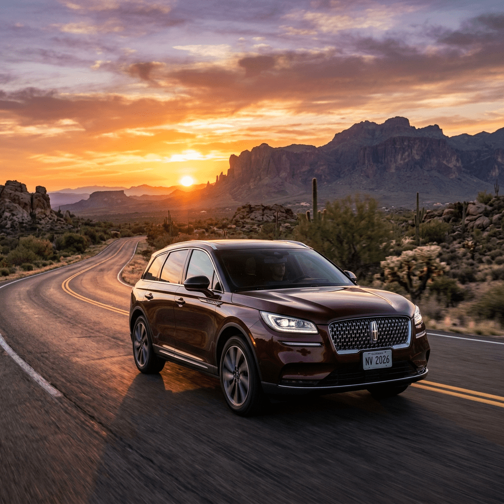 Lincoln SUV driving on winding road in desert at sunset