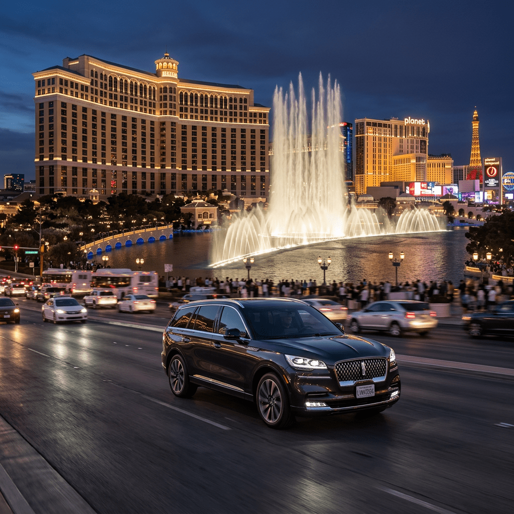 Black luxury SUV driving on street with Bellagio fountains and Las Vegas hotels in background at night