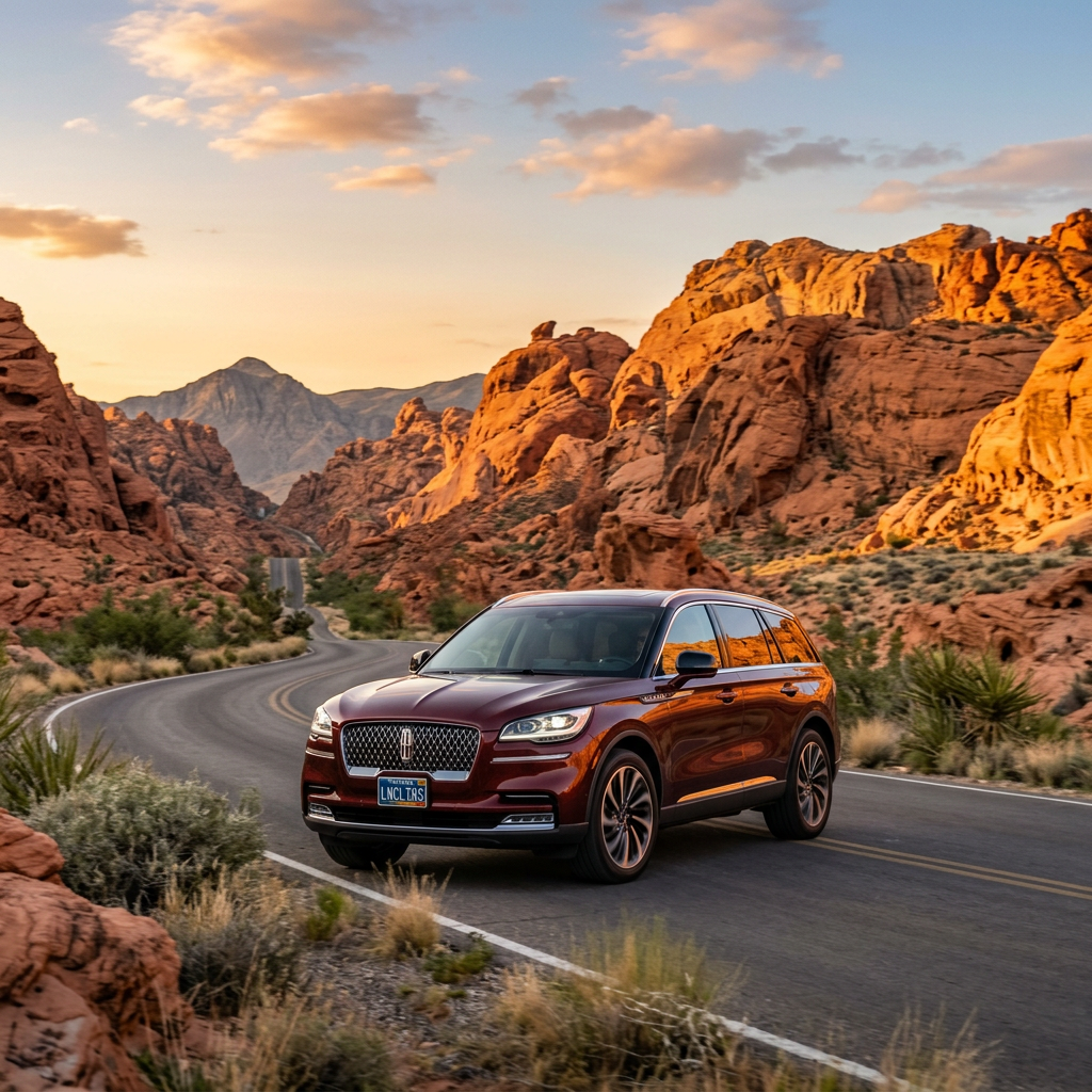 Maroon Lincoln SUV driving on curved road in red rock desert canyon