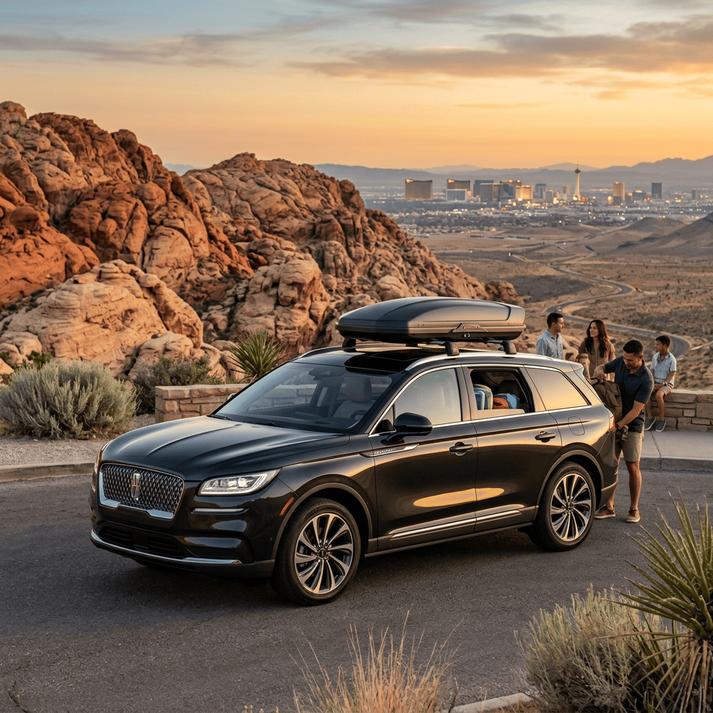 Family beside a black SUV with rooftop cargo box overlooking Las Vegas sunset