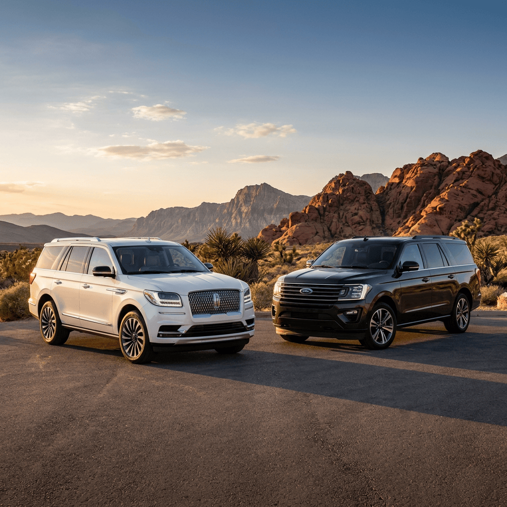 White and black luxury SUVs parked before desert mountains