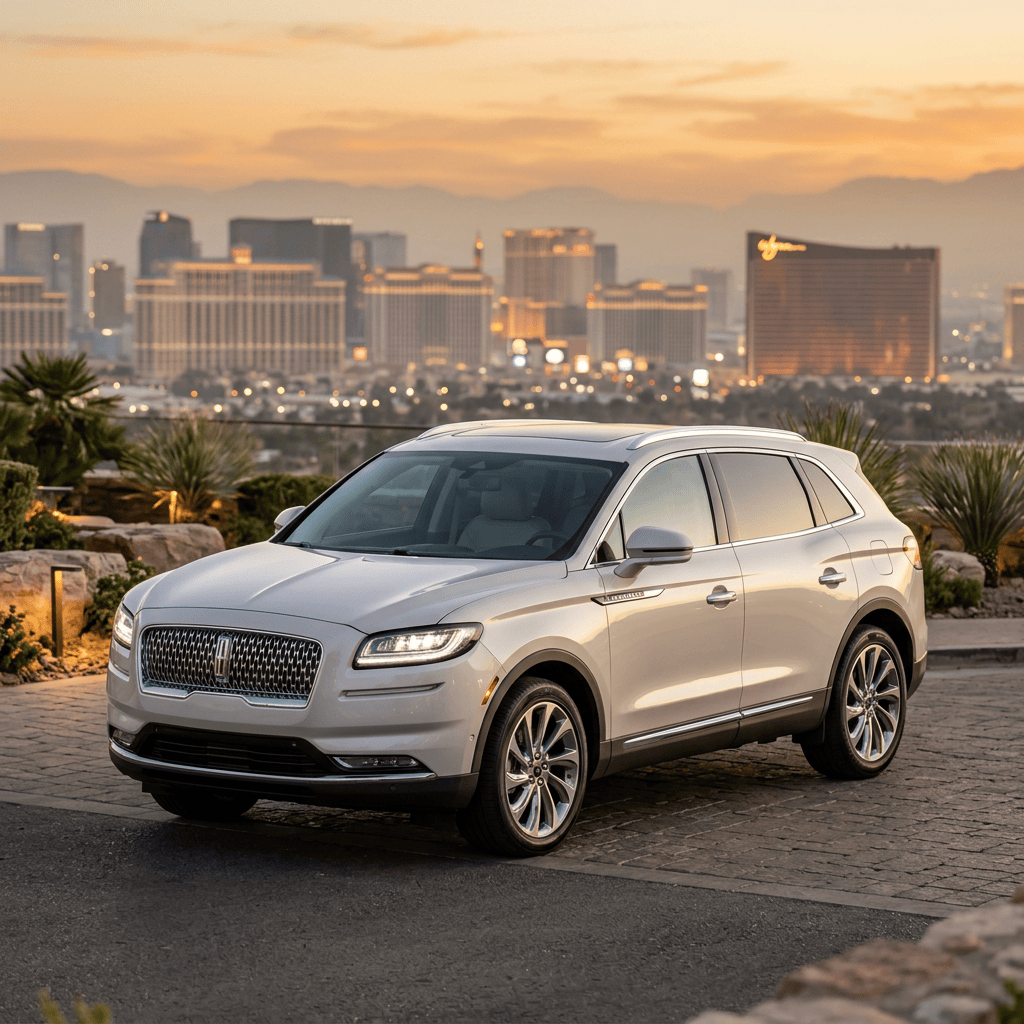 White luxury SUV parked overlooking the Las Vegas skyline at sunset