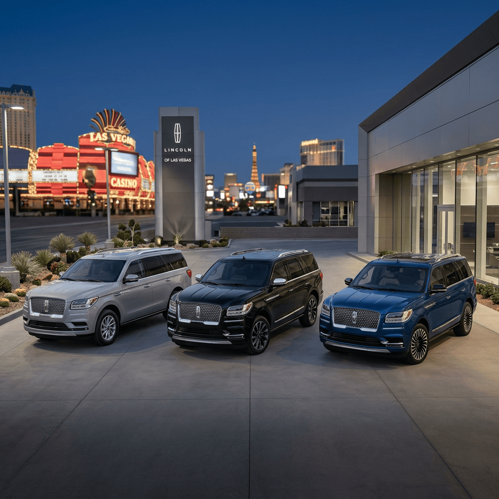 Three Lincoln SUVs outside Lincoln of Las Vegas, with casino signs behind them