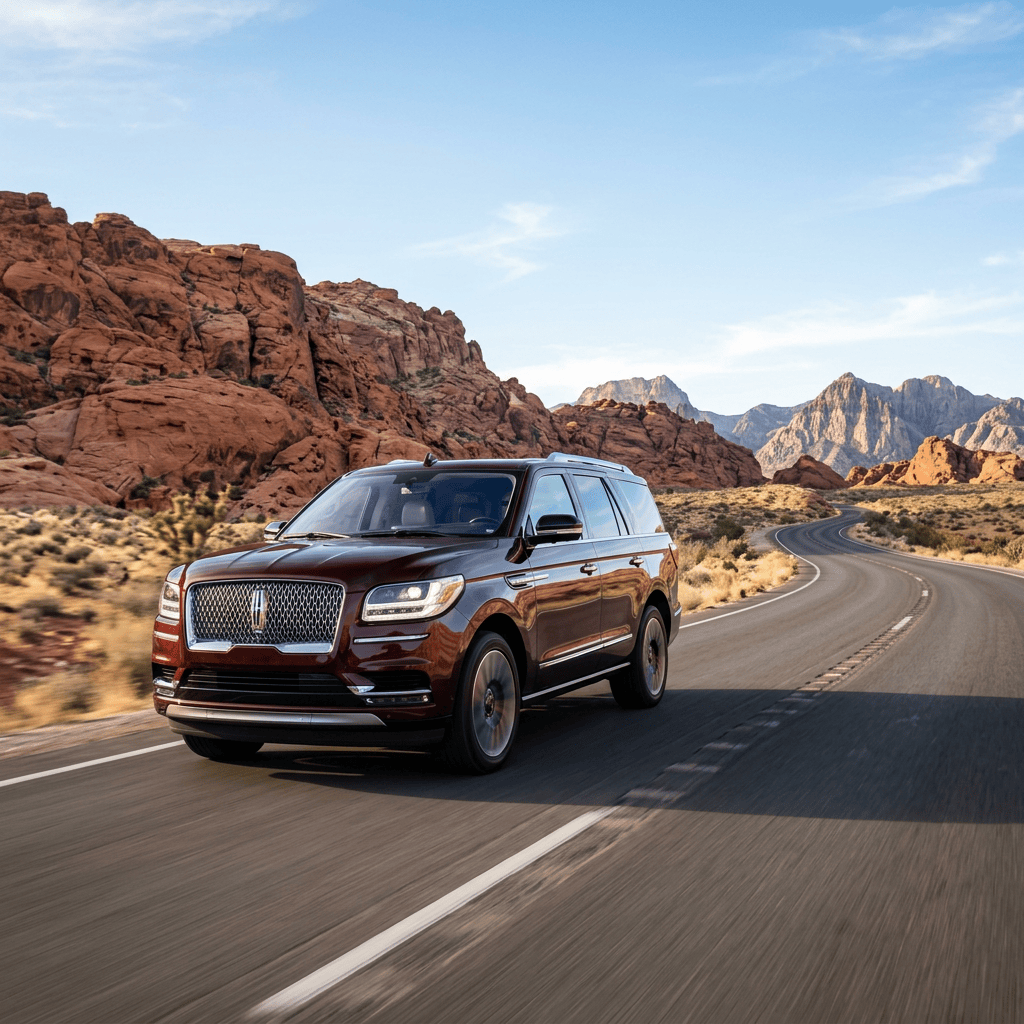 Luxury SUV driving on a winding desert highway with red rock mountains