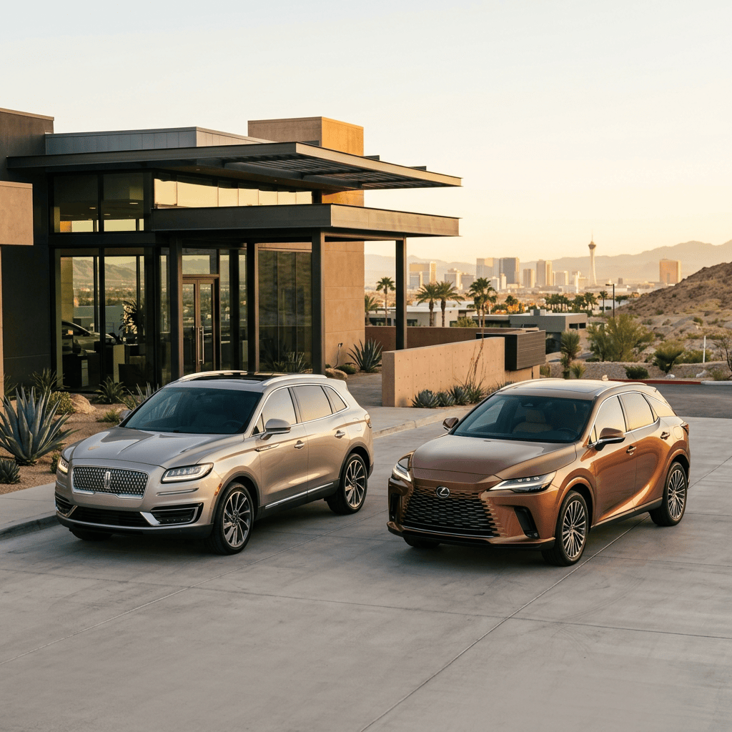 Two luxury SUVs parked outside a modern desert home overlooking Las Vegas