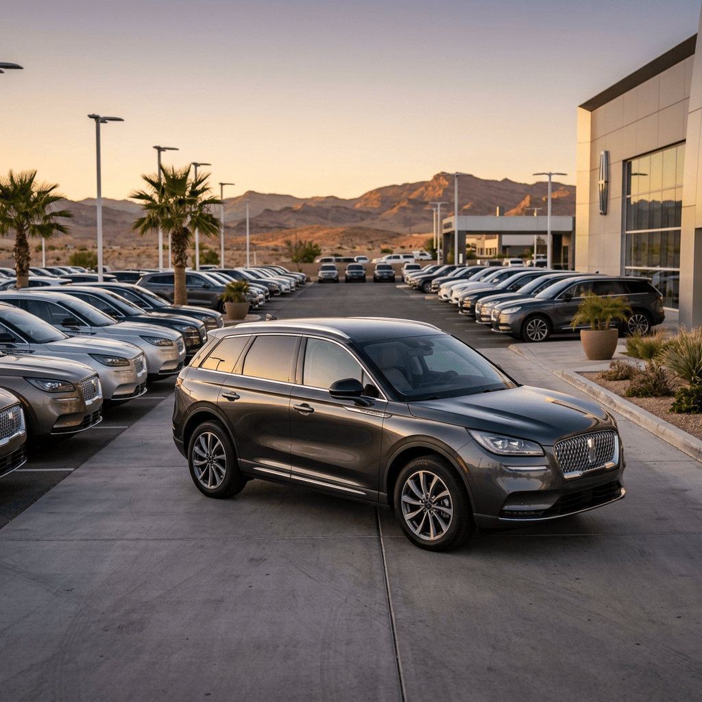 Luxury SUV parked outside a dealership with mountains behind it