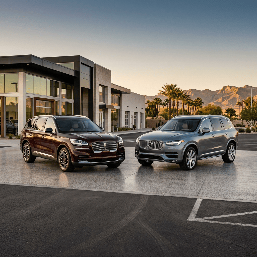 Two luxury SUVs parked outside a modern building with desert mountains