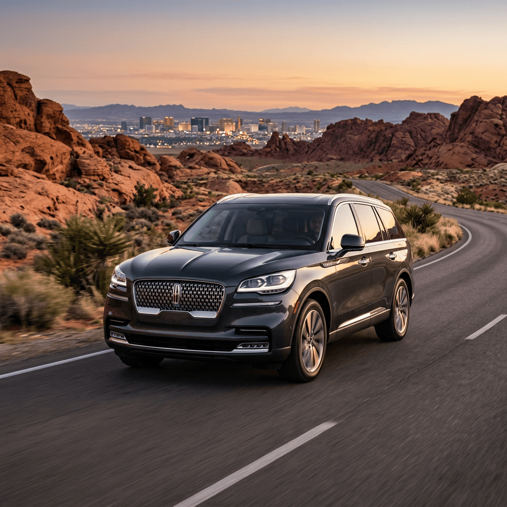 Black luxury SUV driving on a winding desert road near city lights