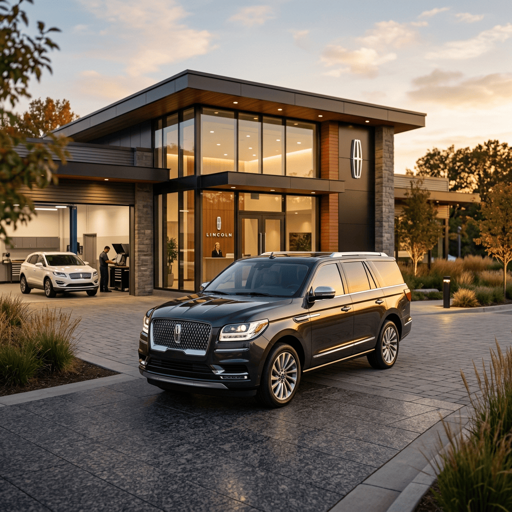 Black Lincoln SUV parked outside a modern dealership at sunset