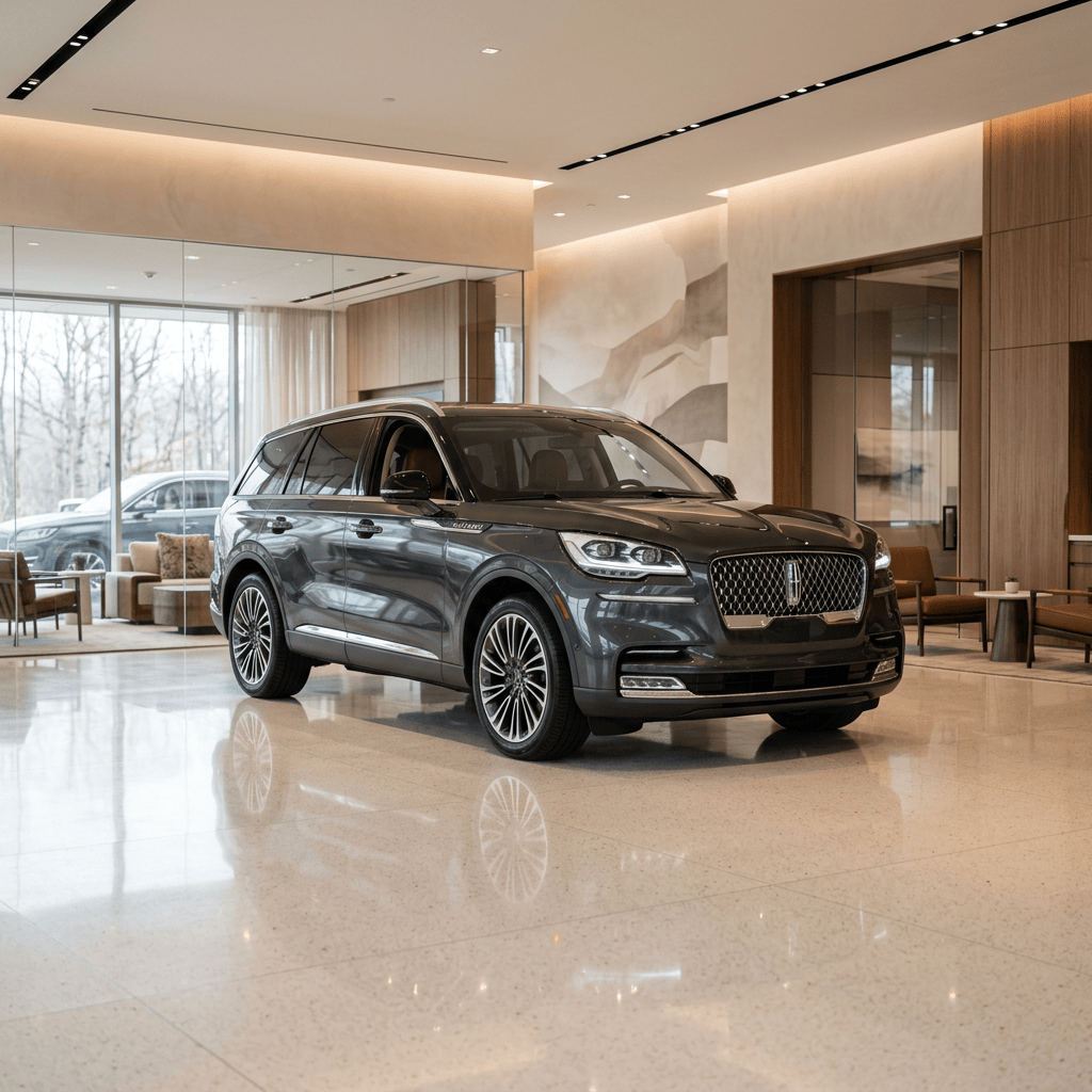 Gray luxury SUV displayed inside a modern car showroom