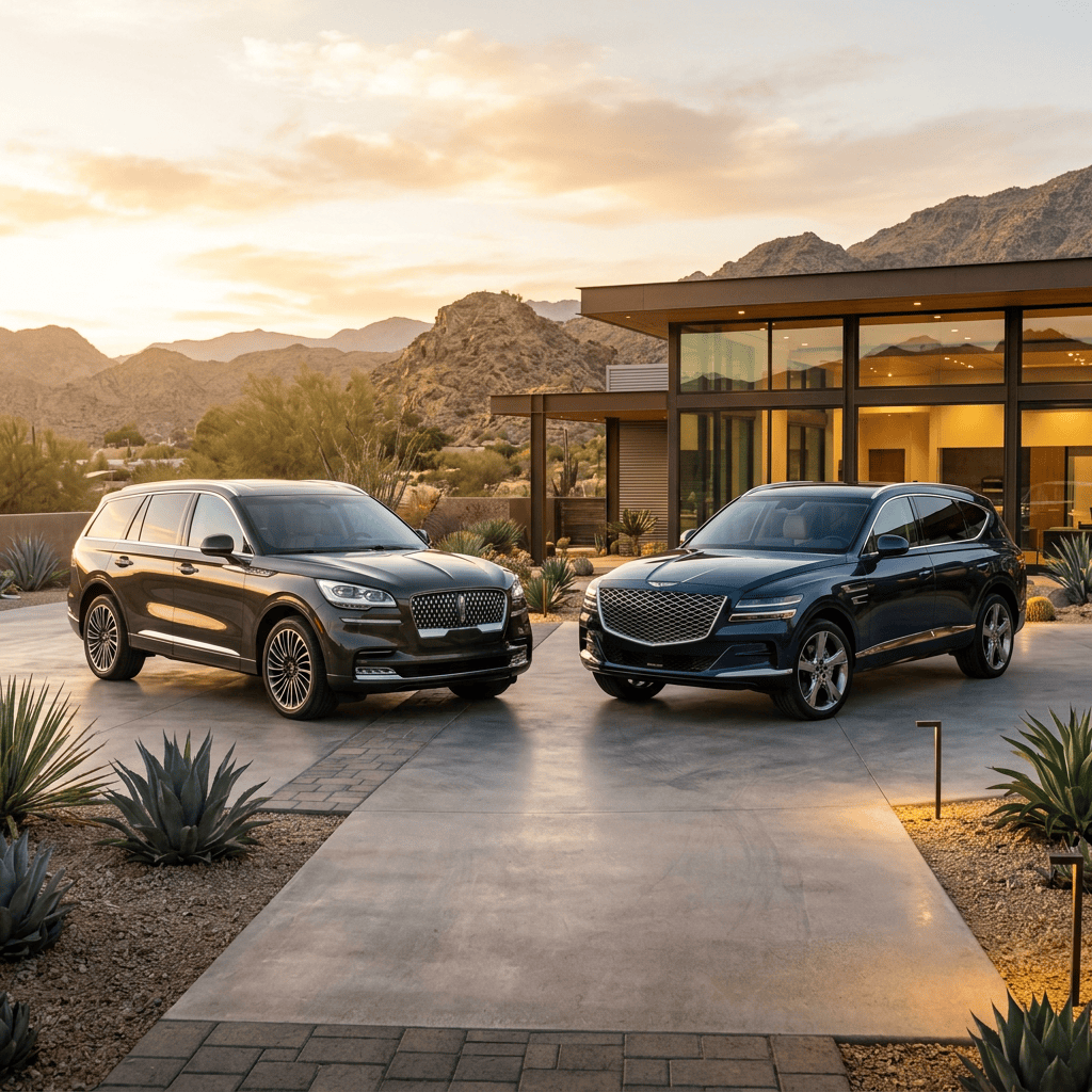 Two luxury SUVs parked outside a modern desert home with mountains behind