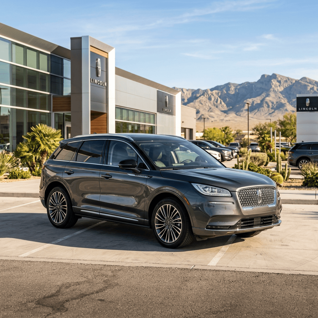 Gray Lincoln SUV parked outside dealership with mountains in background