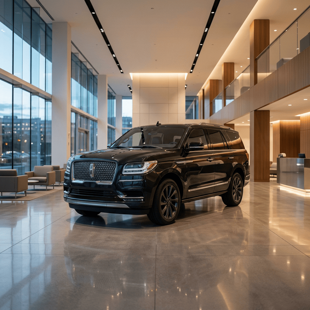 Black luxury SUV displayed inside a modern showroom
