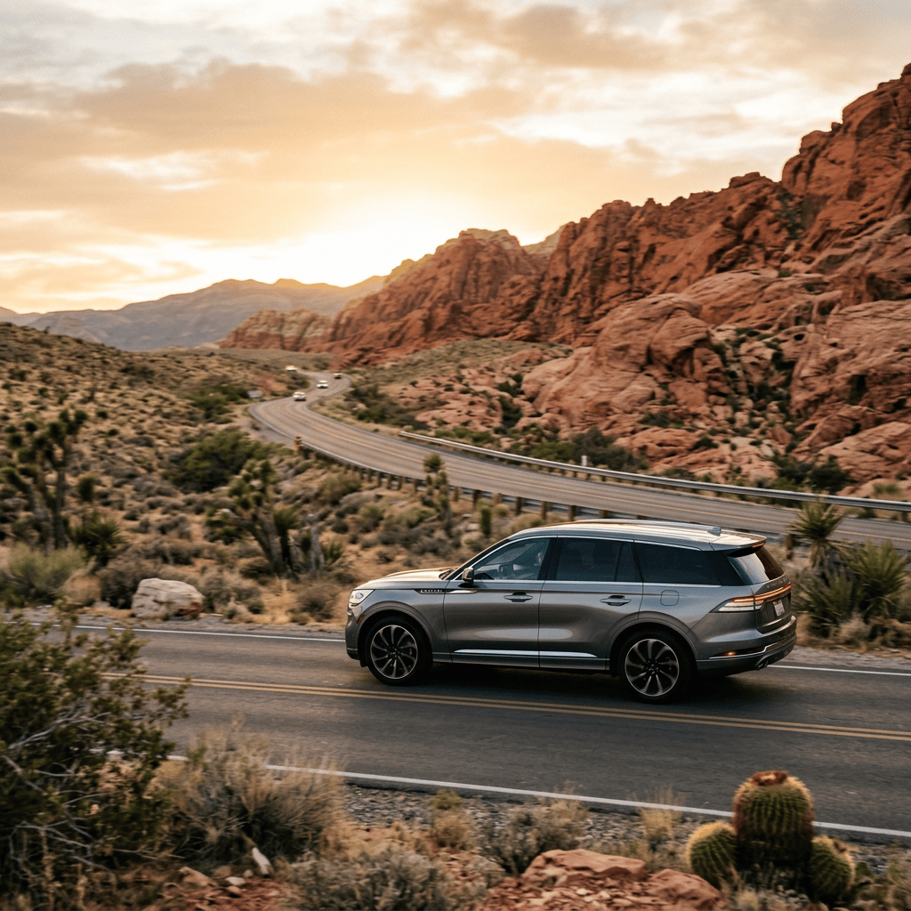 Gray SUV driving along a desert highway beneath red-rock cliffs at sunset