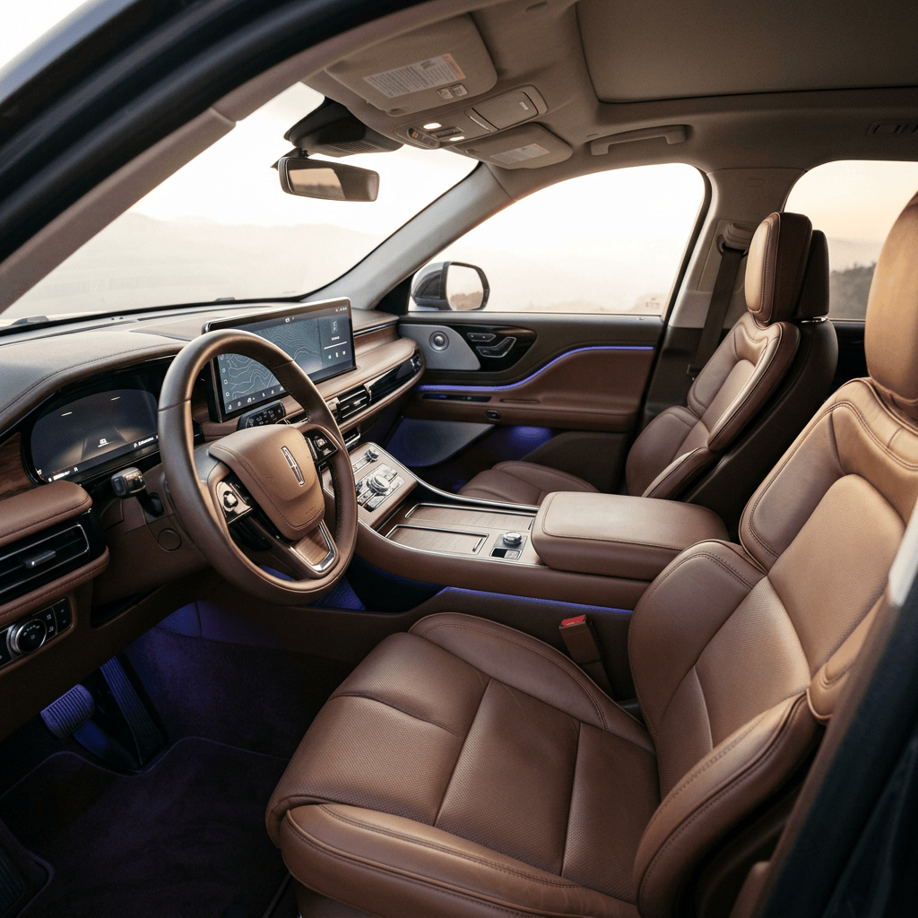 Luxury SUV interior with leather seats, digital displays, and ambient lighting